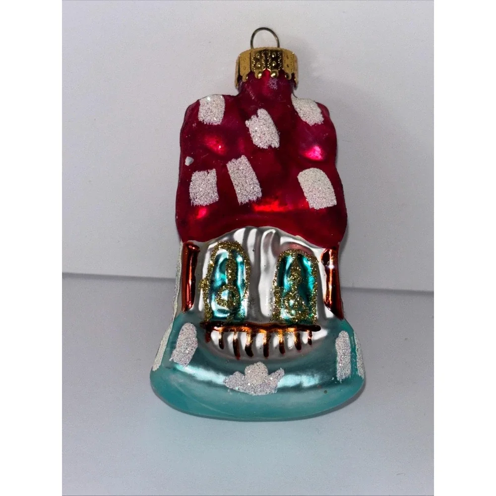 Vintage Blown Glass Christmas Cottage House Red Snowy Glitter Roof Ornament 4